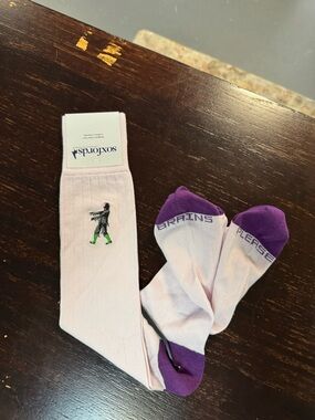 Oxford Pale Pink Crew Socks with Purple Toes and Green Accent Logo